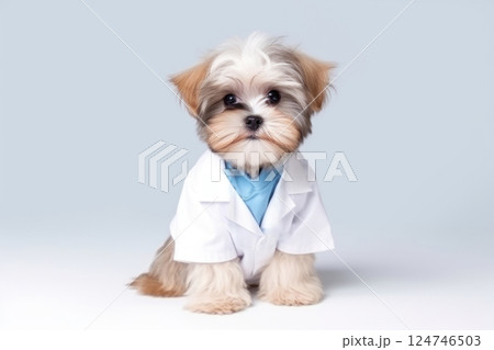 Dog in doctor's white coat, healthcare, pet care Dog in doctor's white coat, healthcare, pet care 124746503