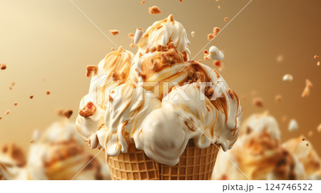 Brown caramel ice cream with melty ingredients, dessert food background 124746522