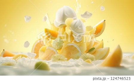 Citrus ice cream with flying fruit slices ingredients, dessert food background 124746523