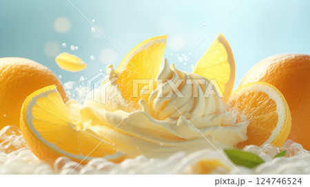 Citrus ice cream with flying fruit slices ingredients, dessert food background 124746524