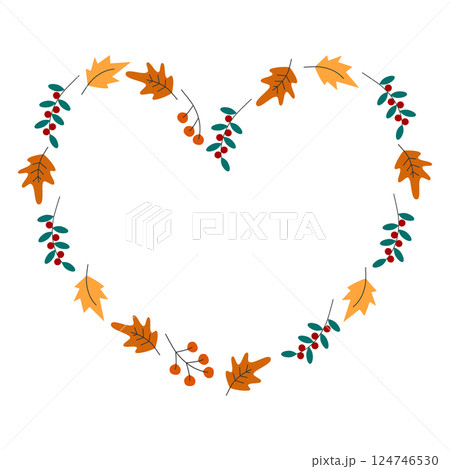 Autumn Leaf and Berry Twigs Heart Shaped Wreath Copy space Template idea Thanksgiving Greeting idea 124746530