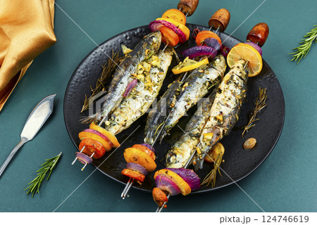 BBQ Fish Skewers. 124746619