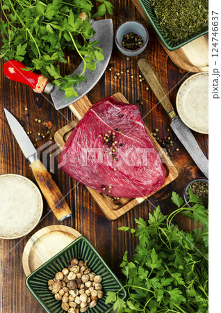 Raw Beef Steaks. 124746637