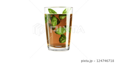 Glass Of Refreshing Mint Tea With Fresh Leaves. Herbal Beverage For Relaxation And Wellness Isolated On Transparent Background 124746718