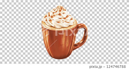 Creamy Pumpkin Spice Latte In Orange Mug. Autumn Beverage With Whipped Cream And Cinnamon Isolated On Transparent Background Creamy Pumpkin Spice Latte In Orange Mug. Autumn Beverage With Whipped Cream And Cinnamon Isolated On Transparent Background 124746788