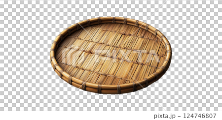 Round Bamboo Basket Tray. Traditional Craftsmanship And Eco-Friendly Design Isolated On Transparent Background 124746807