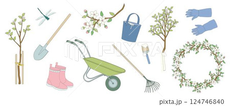 set tools and elements about gardening, protective gloves, shovel, rake, pair of rubber boots, blooming apple tree 124746840