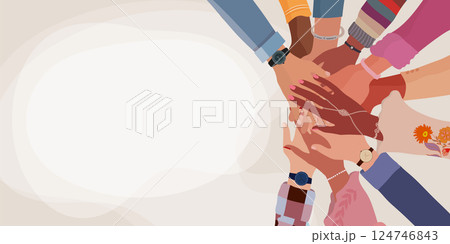 Stacked hands of diverse people. Teamwork community cooperation inclusion diversity and agreement between colleagues concept 124746843
