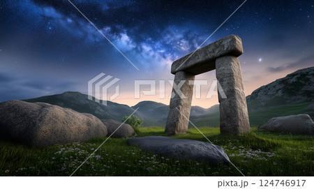 Ancient stone structure beneath a starry Milky Way sky in a green valley with mountains and large scattered boulders 124746917