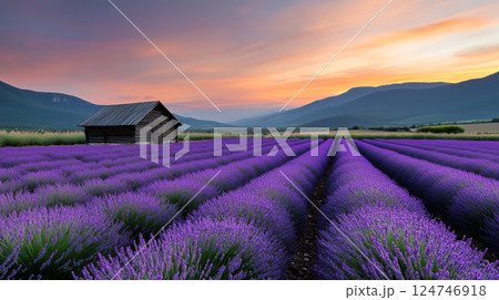 Endless Lavender Fields at Sunset with a Cozy Wooden Cabin 124746918