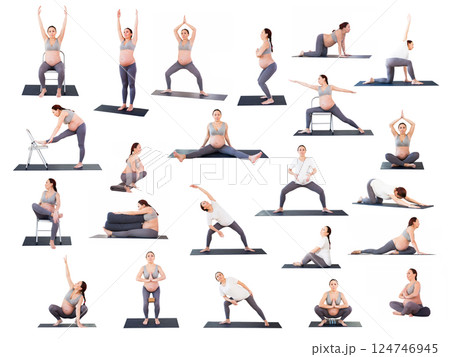 Pregnant woman is engaged in yoga. Butterfly Pose or Baddha Konasana 124746945