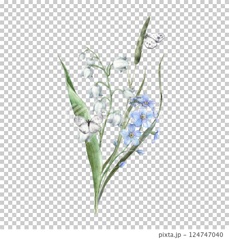 Green grass, blue forget-me-nots, white lilies of the valley and butterflies. Elegant botanical illustration on a spring theme. For branding and packaging, flower shops and weddings, eco-products. Green grass, blue forget-me-nots, white lilies of the valley and butterflies. Elegant botanical illustration on a spring theme. For branding and packaging, flower shops and weddings, eco-products. 124747040