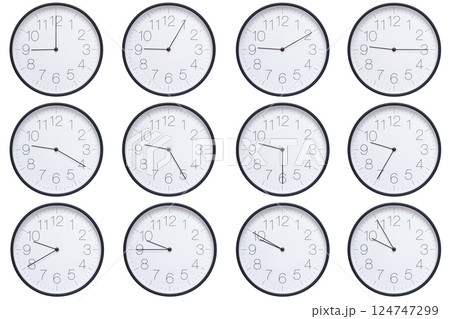 A set of twelve round wall clocks with dark brown frames and white faces showing 5-minute time intervals from 09:00 or 21:00 to 09:55 or 21:55. Clean white background, ideal for time, schedule, and 124747299