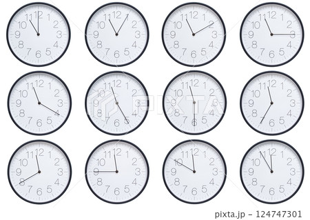 A set of twelve round wall clocks with dark brown frames and white faces showing 5-minute time intervals from 11:00 or 23:00 to 11:55 or 23:55. Clean white background, ideal for time, schedule, and 124747301