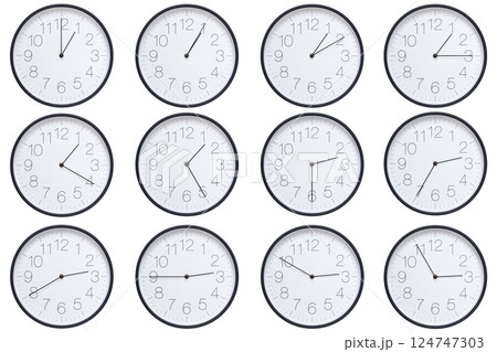 A set of twelve round wall clocks with dark brown frames and white faces showing 5-minute time intervals from 01:00 or 13:00 to 01:55 or 13:55. Clean white background, ideal for time, schedule, and 124747303