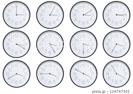 A set of twelve round wall clocks with dark brown frames and white faces showing 5-minute time intervals from 03:00 or 15:00 to 03:55 or 15:55. Clean white background, ideal for time, schedule, and A set of twelve round wall clocks with dark brown frames and white faces showing 5-minute time intervals from 03:00 or 15:00 to 03:55 or 15:55. Clean white background, ideal for time, schedule, and 124747305