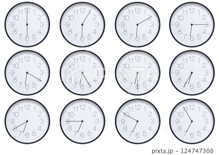 A set of twelve round wall clocks with dark brown frames and white faces showing 5-minute time intervals from 06:00 or 18:00 to 06:55 or 18:55. Clean white background, ideal for time, schedule, and 124747308