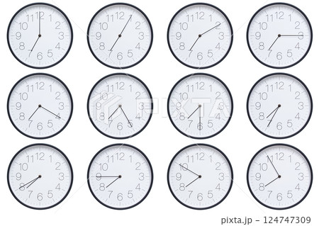 A set of twelve round wall clocks with dark brown frames and white faces showing 5-minute time intervals from 07:00 or 19:00 to 07:55 or 19:55. Clean white background, ideal for time, schedule, and A set of twelve round wall clocks with dark brown frames and white faces showing 5-minute time intervals from 07:00 or 19:00 to 07:55 or 19:55. Clean white background, ideal for time, schedule, and 124747309