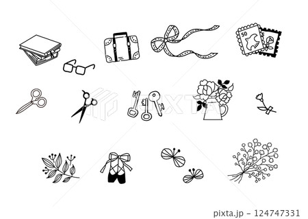 シンプルな線画のおしゃれなあしらいセット　ベクター　黒 124747331