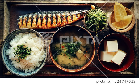 焼き魚とご飯の和朝食セット 124747615