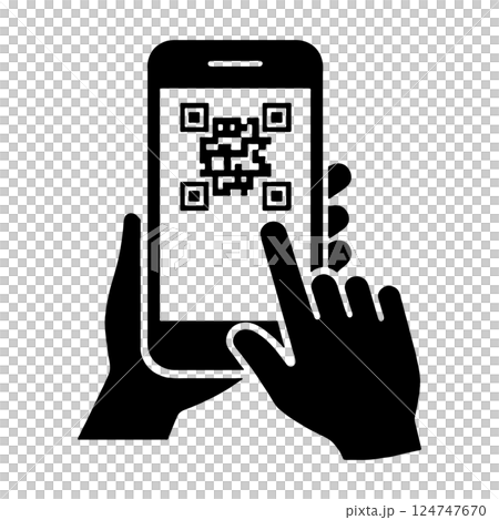 Silhouette illustration of a hand touching a smartphone screen with a QR code displayed on it, cut out on a transparent background 124747670