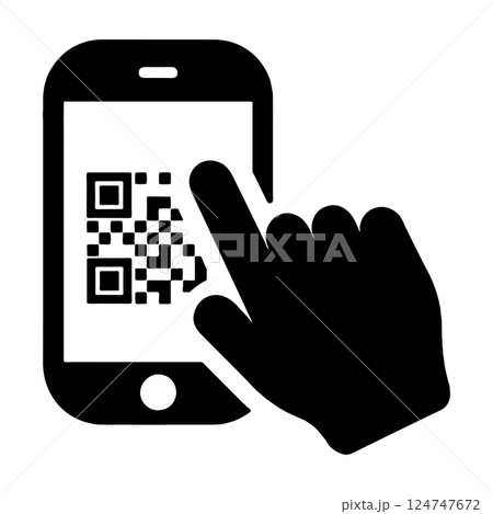 QRコードが表示されたスマホの画面をタッチ操作している手のシルエットイラスト　透過背景の切り抜き 124747672