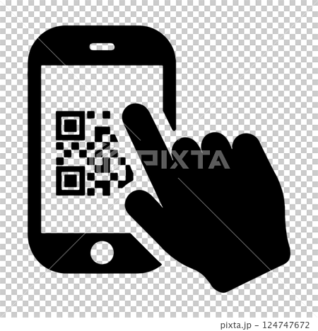 Silhouette illustration of a hand touching a smartphone screen with a QR code displayed on it, cut out on a transparent background 124747672