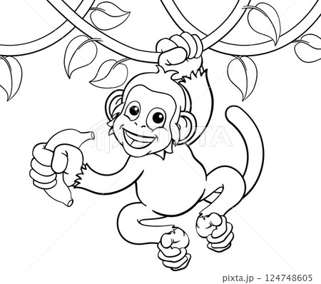 Monkey Singing On Jungle Vines With Banana Cartoon Monkey Singing On Jungle Vines With Banana Cartoon 124748605