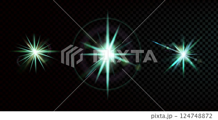Glint flare light effect. Glow green stars set with circular reflection on dark background. Vector gleam sparkles collection. Night flickering and twinkles with beams and bright highlights Glint flare light effect. Glow green stars set with circular reflection on dark background. Vector gleam sparkles collection. Night flickering and twinkles with beams and bright highlights 124748872