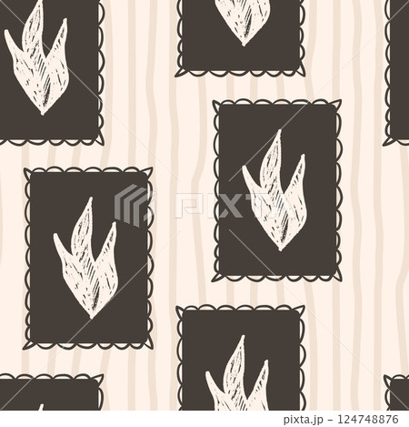 Grass seamless pattern. Linocut block print floral stencil on vintage frames allover background. Rectangle marker drawn repeat cover. Vector hand drawn monochrome spring motif 124748876