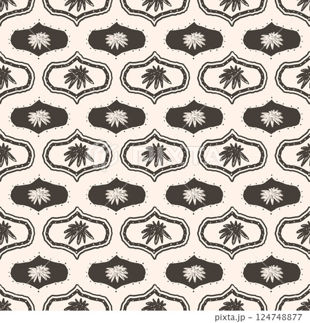 Flowers seamless pattern. Damask floral stencil allover background. Ogee daisy crayon drawn repeat cover. Surface pattern design spring motif. Vector hand drawn monochrome illustration 124748877