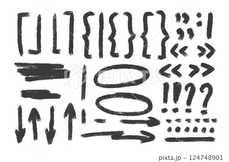 Check marks, arrow emphasis doodle set. Charcoal underlines, quotation marks, brackets and signs. Scribble sketch pencil emphasis note highlights. Vector hand drawn illustration on white background 124748901