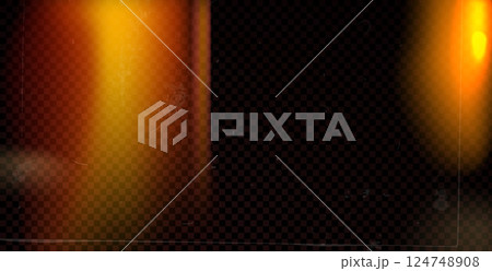 Old film light leak overlay effect with orange flare. Camera vintage film filter. Abstract retro lens flare effect background. Texture with dust and spots noise. Blur analog burnt vector backdrop 124748908