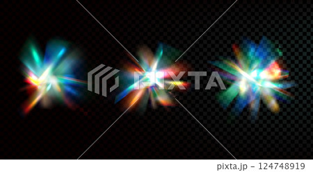 Flare glow effect with diamond iridescent glass shine. Light crystal prism sparkles set. Abstract glare magic ray. Spark flares prisms. Spectrum burst beams and particles. Vector explosion isolated Flare glow effect with diamond iridescent glass shine. Light crystal prism sparkles set. Abstract glare magic ray. Spark flares prisms. Spectrum burst beams and particles. Vector explosion isolated 124748919