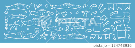 Fishes line doodle set. Santos Populares festival. Sardines hand drawn scribble. School of fish with algae, manjerico, party elements . Vector illustration. Crayon or chalk naive underwater life 124748936