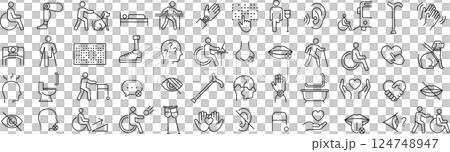Vector monochrome line icon set about disability 124748947