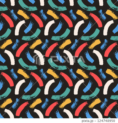 Brush paint curved lines seamless pattern. Bold stroke shapes endless background. Abstract repeat cover. Grunge arc continuous ornament. Vector hand drawn surface pattern design scribble motif 124748950