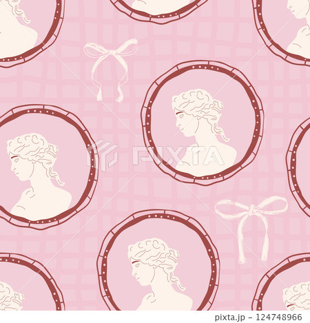 Antique Roman Statues seamless pattern. Greek face sculpture on picture frame endless aop background. Rococo repeat coquette cover. Surface pattern vintage motif. Vector hand drawn illustration Antique Roman Statues seamless pattern. Greek face sculpture on picture frame endless aop background. Rococo repeat coquette cover. Surface pattern vintage motif. Vector hand drawn illustration 124748966