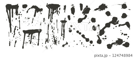 Dripping black paint liquid. Vector ink spray splashes and splatter. Grunge graffiti art melting drops sprayed. Urban street dirty stencil on wall. Graphic collage messy spots and blobs. 124748984