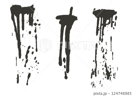 Dripping long ink paint liquid. Vector spray splashes and drops set. Grunge graffiti art melting splats sprayed. Urban street dirty stencil on wall. Graphic collage messy spots isolated Dripping long ink paint liquid. Vector spray splashes and drops set. Grunge graffiti art melting splats sprayed. Urban street dirty stencil on wall. Graphic collage messy spots isolated 124748985