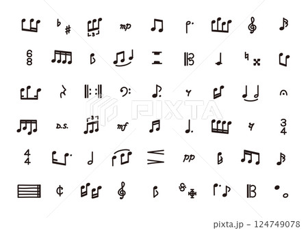 線の編集が可能なベクターデータ。漫画にも使える、手描きのいろいろな音符記号のモノクロのアイコンセット 124749078