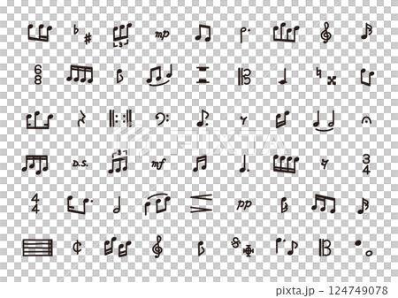 線の編集が可能なベクターデータ。漫画にも使える、手描きのいろいろな音符記号のモノクロのアイコンセット 124749078