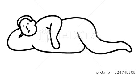 だらしないポーズで寝そべっている太った男性のシンプルな黒い手描き線画イラスト　透過背景の切り抜き 124749509
