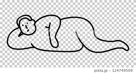 だらしないポーズで寝そべっている太った男性のシンプルな黒い手描き線画イラスト　透過背景の切り抜き 124749509