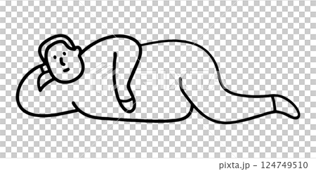 簡單的黑色手繪線描插圖,描繪了一個胖子以邋遢的姿勢躺著,在透明的背景上被剪下來 簡單的黑色手繪線描插圖,描繪了一個胖子以邋遢的姿勢躺著,在透明的背景上被剪下來 124749510
