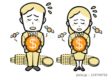 お金を失い悲しんでいる、スーツを着た若い男女 お金を失い悲しんでいる、スーツを着た若い男女 124749758
