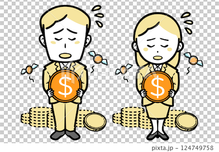 お金を失い悲しんでいる、スーツを着た若い男女 お金を失い悲しんでいる、スーツを着た若い男女 124749758