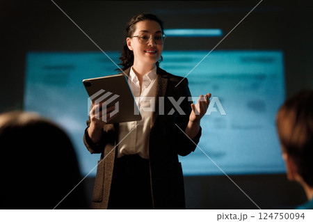 woman is speaking about technologies woman is speaking about technologies 124750094