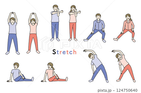 ストレッチをする人物のセット ストレッチをする人物のセット 124750640