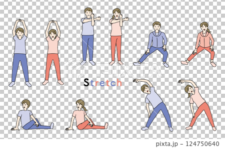 ストレッチをする人物のセット ストレッチをする人物のセット 124750640